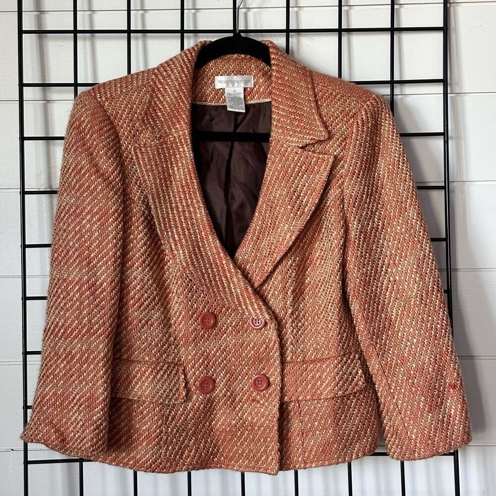 Worthington Tweed Metallic Suit Jacket Blazer Womens 10 Orange Gold Double Breas